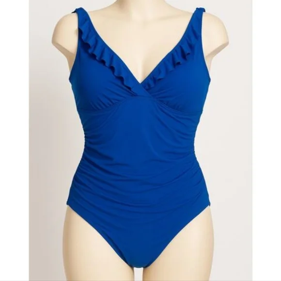 Lauren Ralph Lauren Blue Ruched One-Piece Swimsuit RuffleTummy Control Sz 16. - Picture 2 of 10